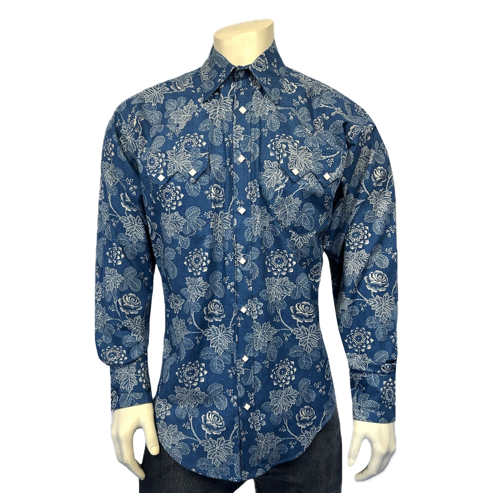 Men's Long Sleeve Navy Floral Print Western Shirt-MesaThread
