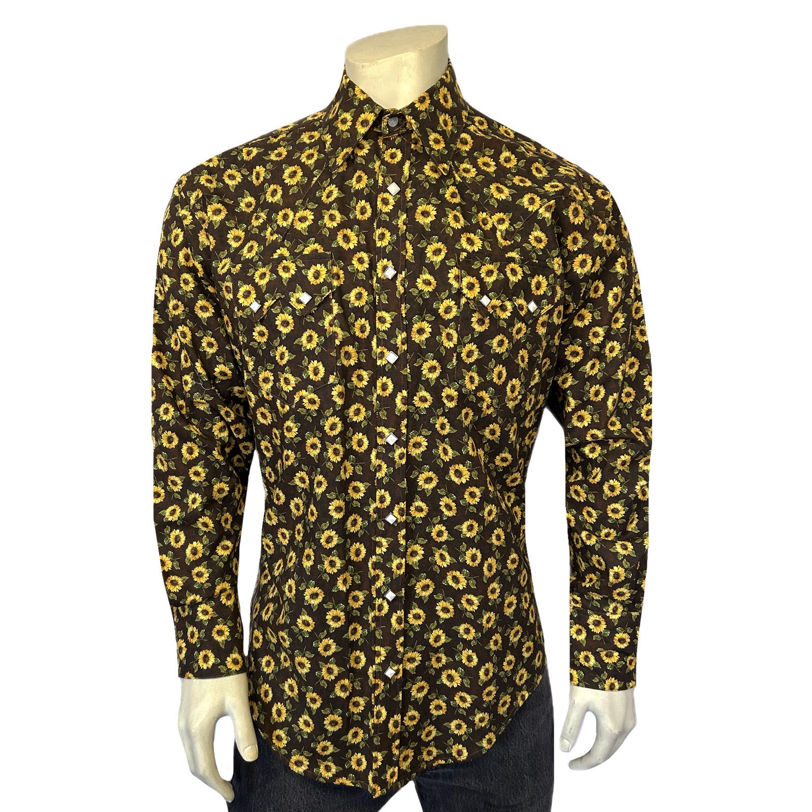 Men's Vintage Brown Sunflower Print Western Shirt-MesaThread