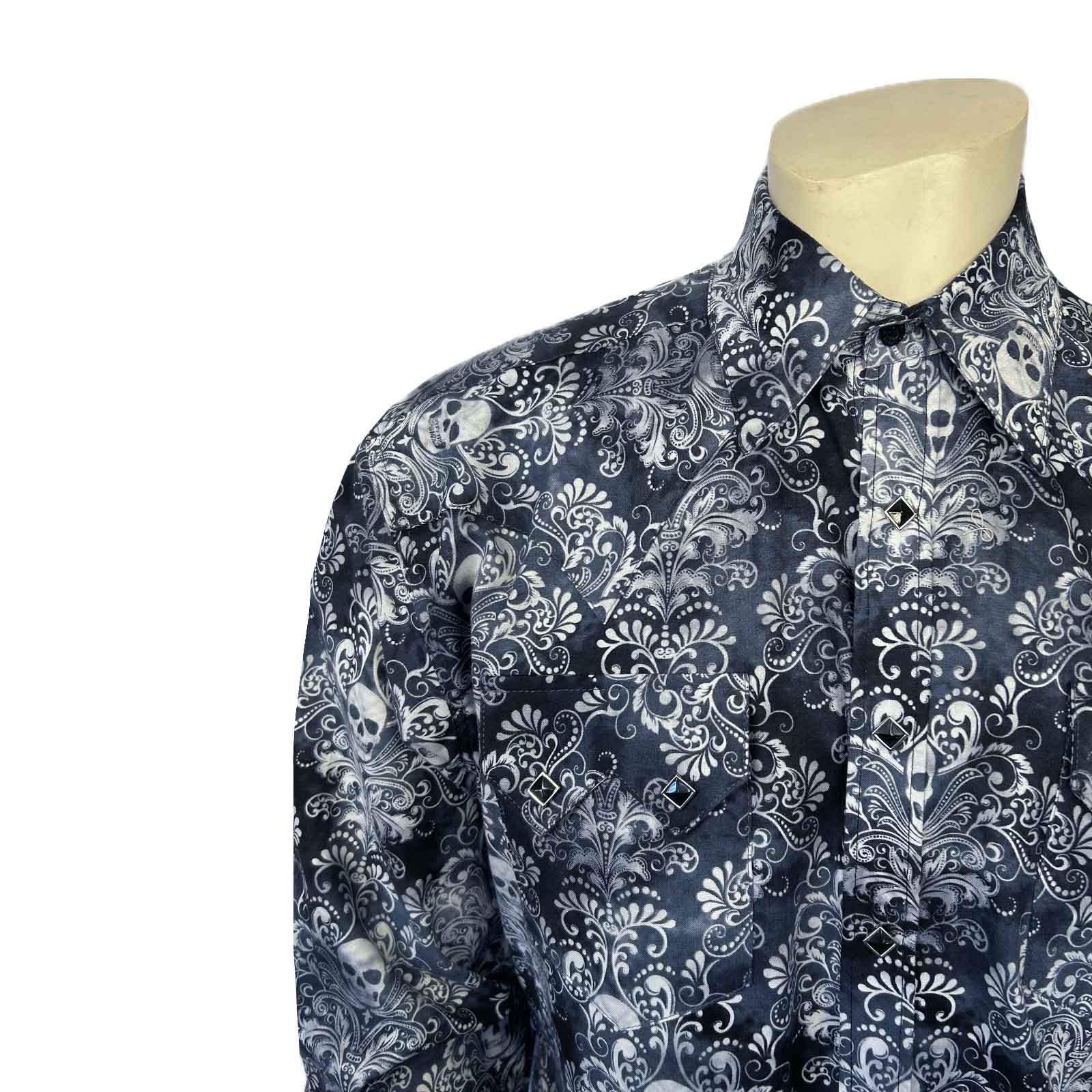 Men's Charcoal Skulls & Moths Print Western Shirt-MesaThread