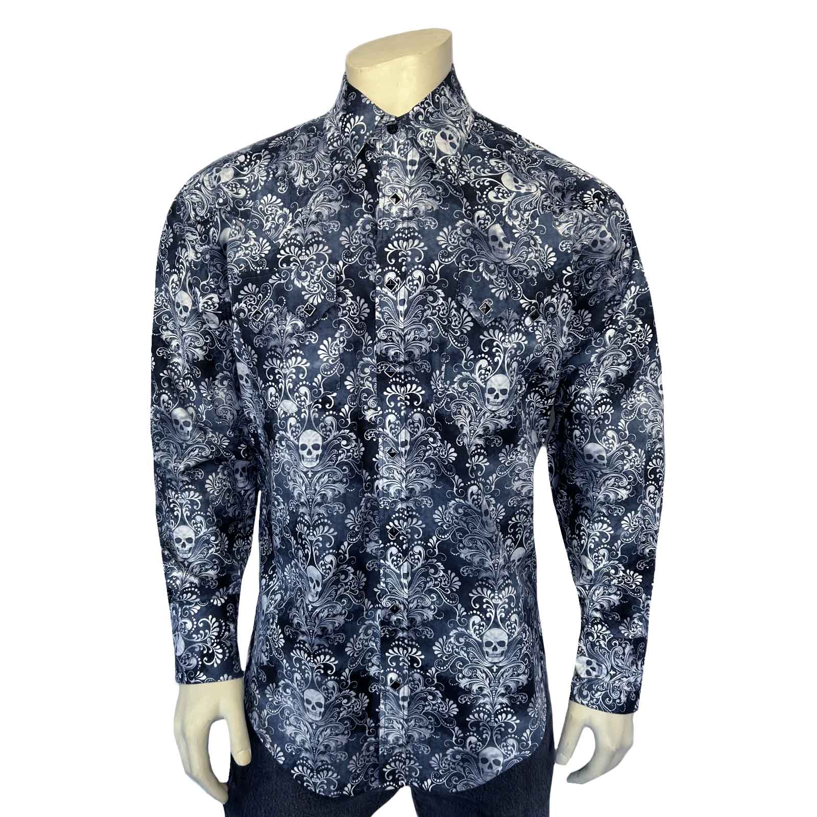 Men's Charcoal Skulls & Moths Print Western Shirt-MesaThread