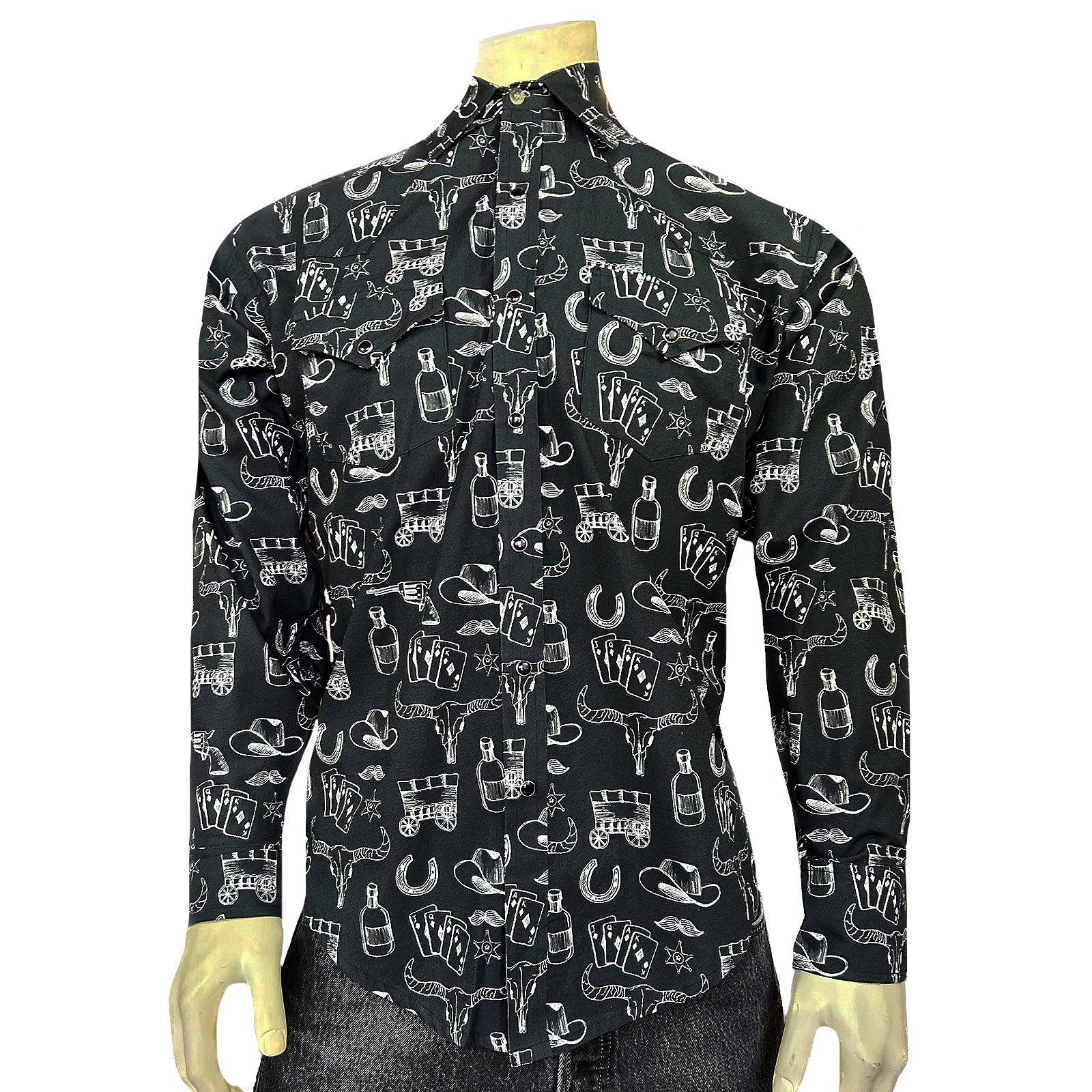 Men's Vintage Black Hat & Horse Shoe Card Western Print-MesaThread