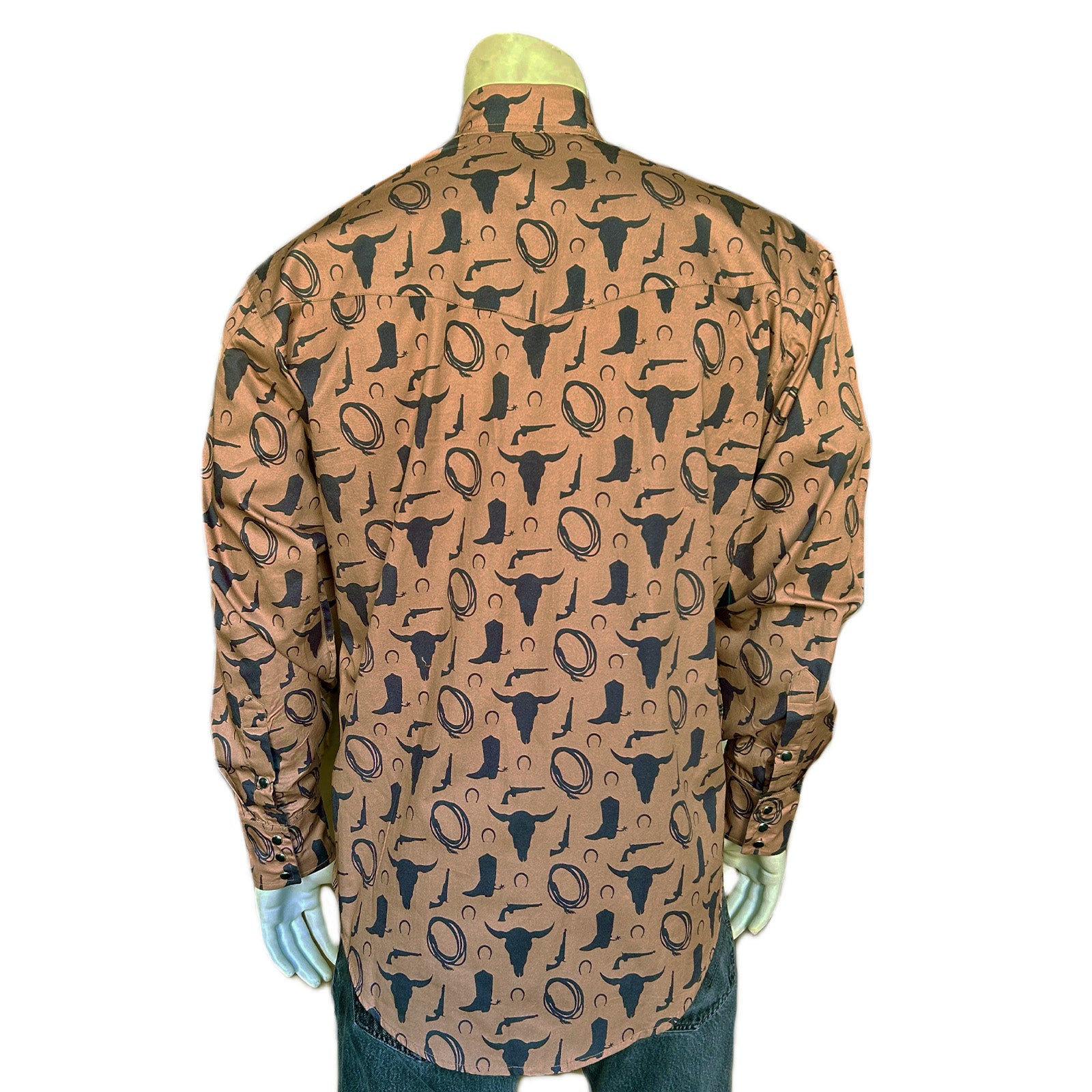 Men's Vintage Brown Lariat Boot Steer Skull Print Western Shirt-MesaThread