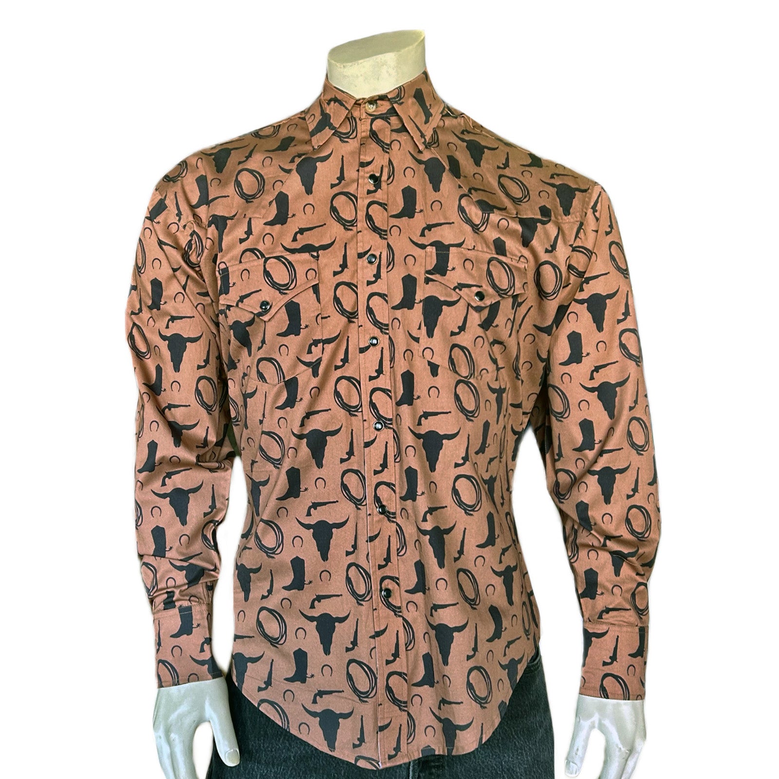 Men's Vintage Brown Lariat Boot Steer Skull Print Western Shirt-MesaThread