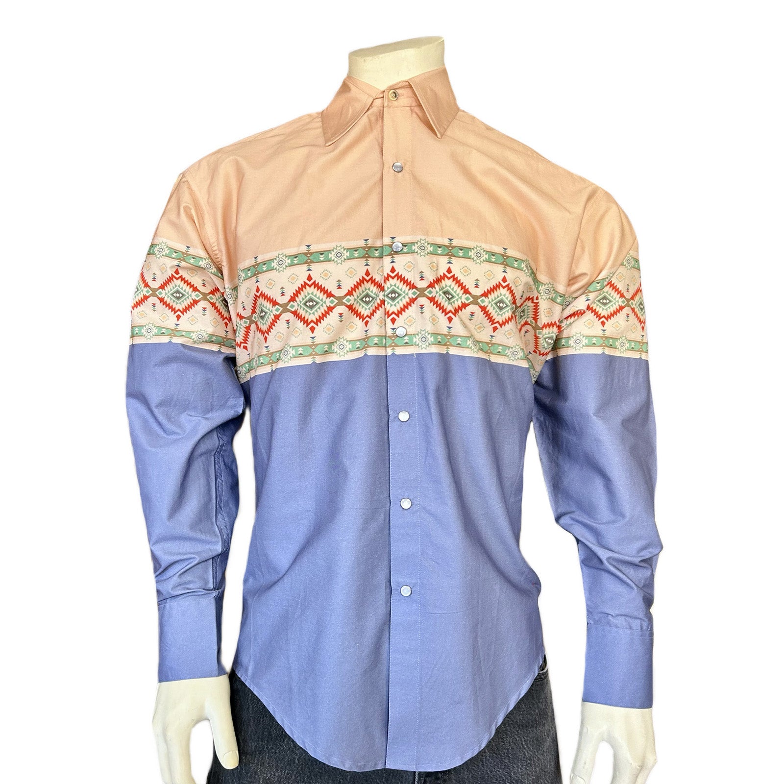 Native Pattern Peach & Blue 2-Tone Print Western Shirt-MesaThread