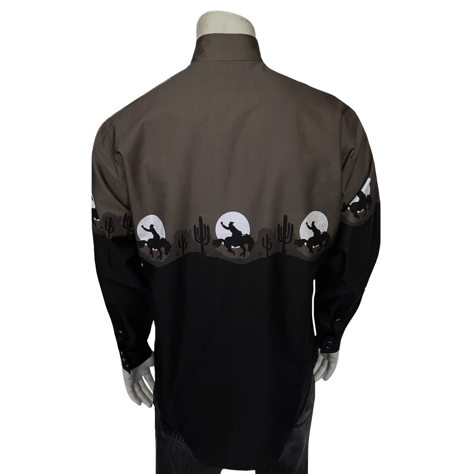 Men's Long Sleeve Brown/Black 2-Tone Moonlit Cowboy Western Print-MesaThread
