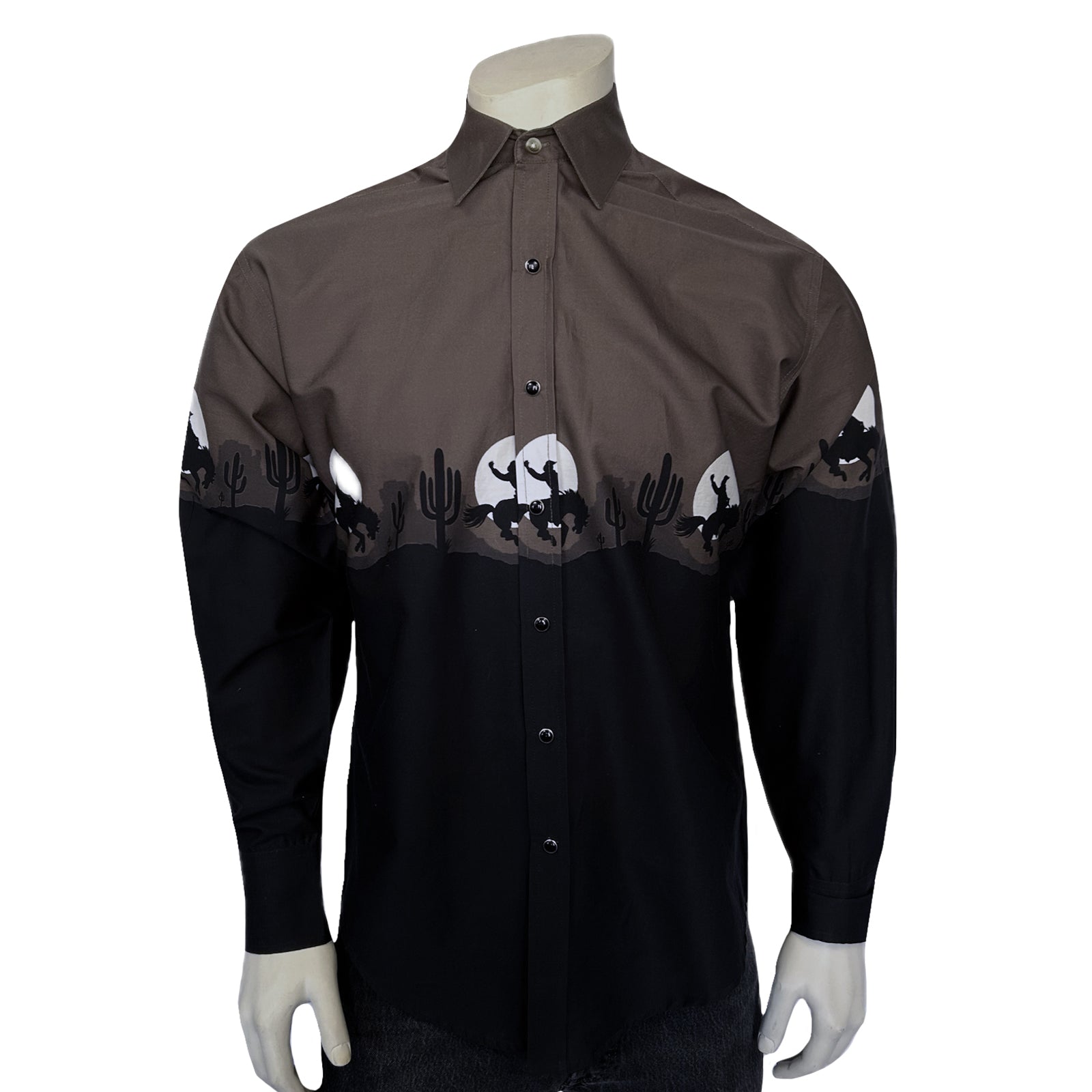 Men's Long Sleeve Brown/Black 2-Tone Moonlit Cowboy Western Print-MesaThread