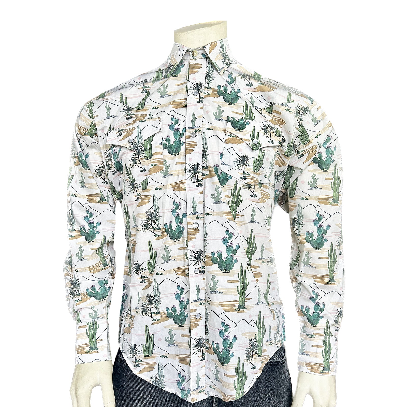 Men's Vintage Desert Cactus Print Western Shirt-MesaThread