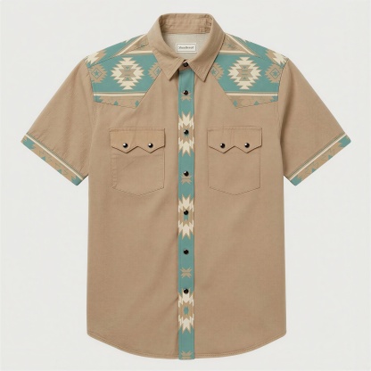 The Tan Turquoise Beacon | Mesathread Pro Contrast Panel Short-Sleeve Western Shirt