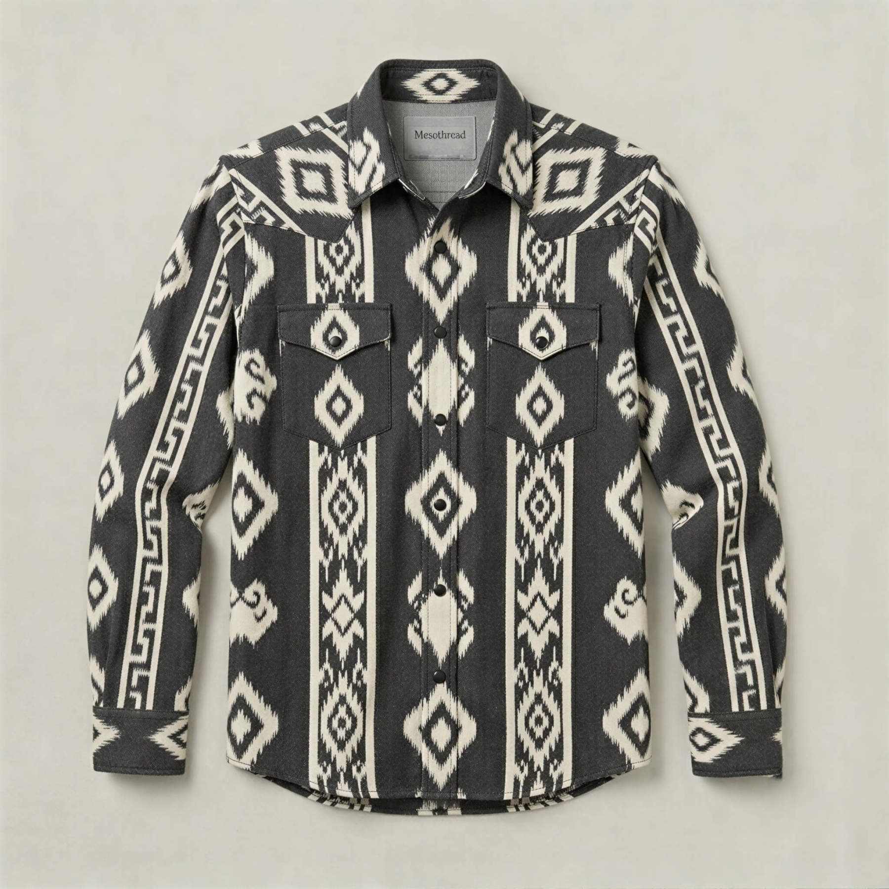The Nomad Beacon | Mesathread Men's Navajo Black & White Western Shirt with Black Pearl Snaps