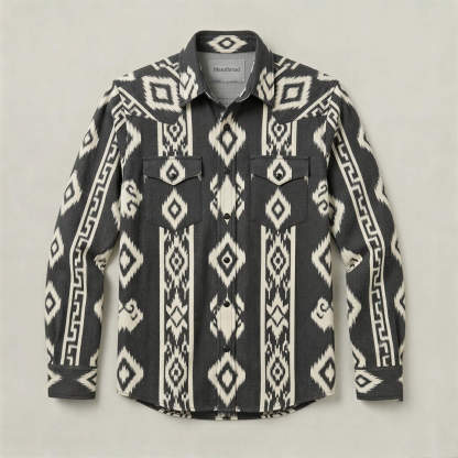 The Nomad Beacon | Mesathread Men's Navajo Black & White Western Shirt with Black Pearl Snaps