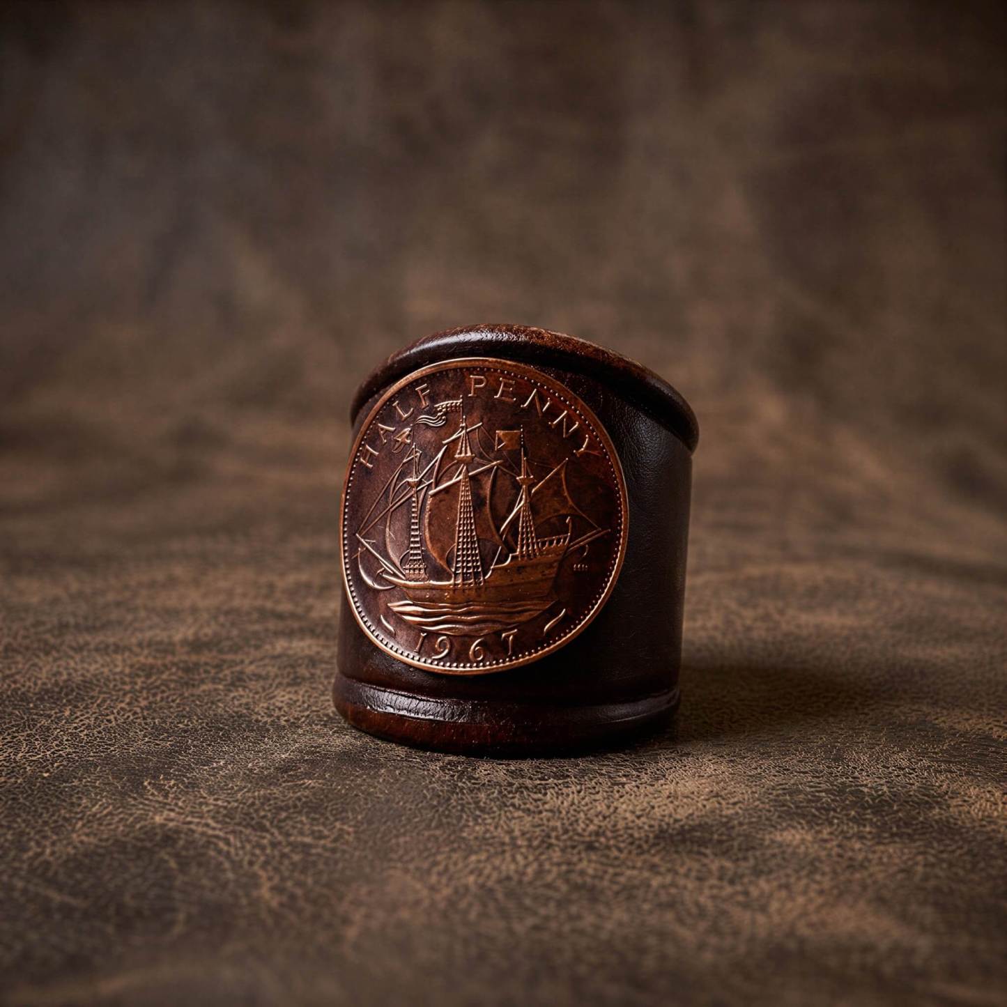 mesathread-vintage-british-half-penny-coin-leather-wild-rag-slide-mahogany-brown-front-view