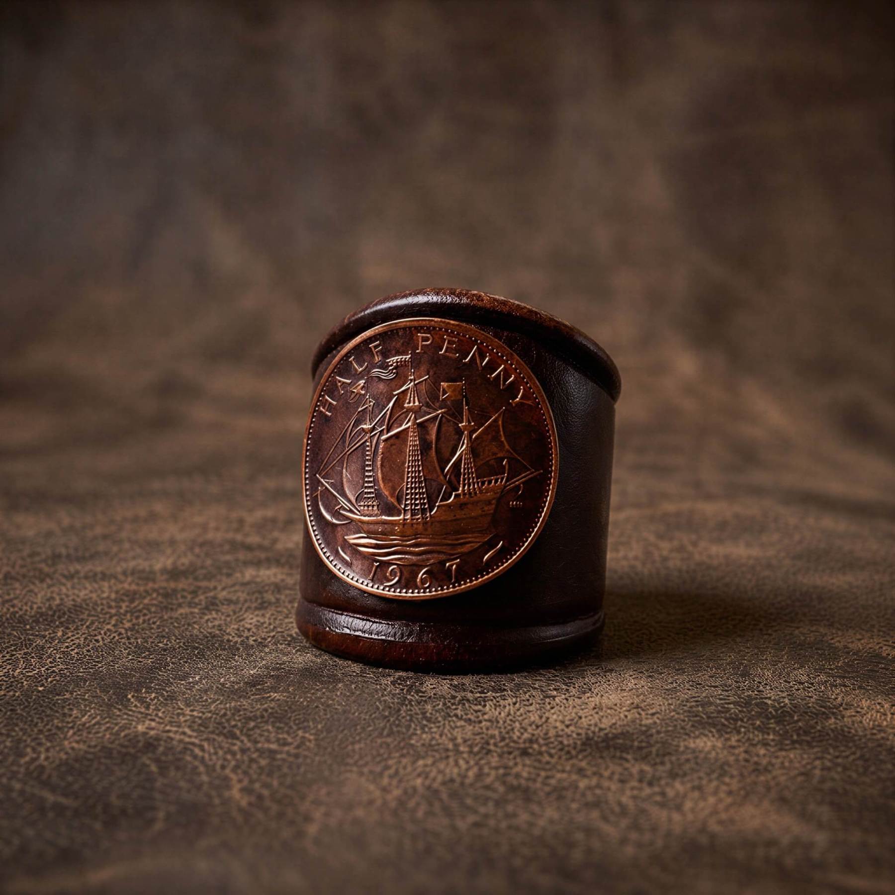 mesathread-vintage-british-half-penny-coin-leather-wild-rag-slide-mahogany-brown-front-view