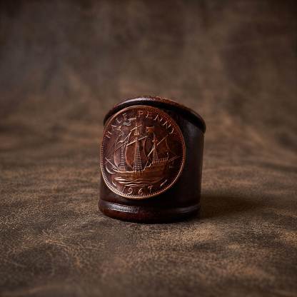 mesathread-vintage-british-half-penny-coin-leather-wild-rag-slide-mahogany-brown-front-view