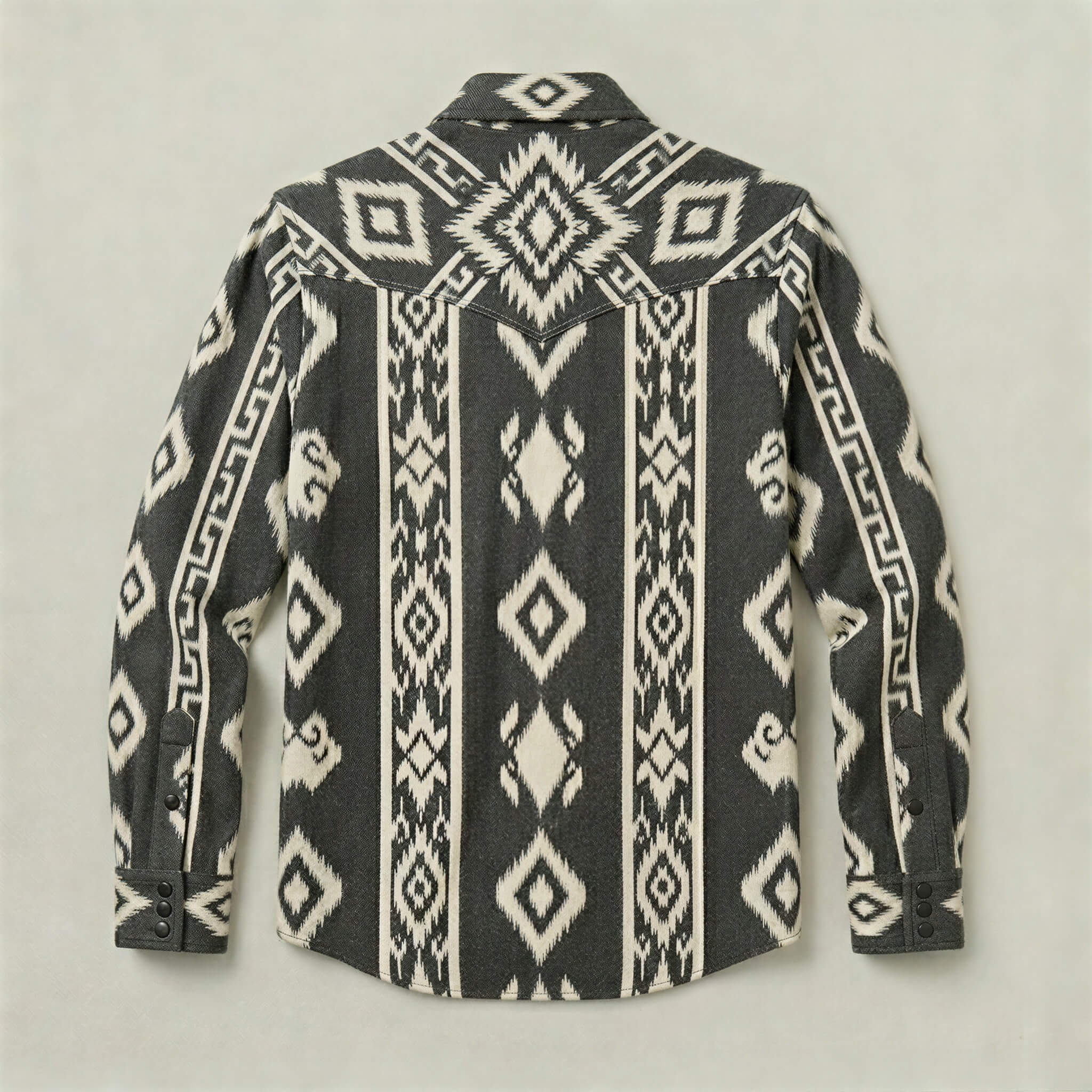 The Nomad Beacon | Mesathread Men's Navajo Black & White Western Shirt with Black Pearl Snaps
