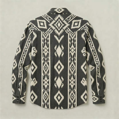 The Nomad Beacon | Mesathread Men's Navajo Black & White Western Shirt with Black Pearl Snaps