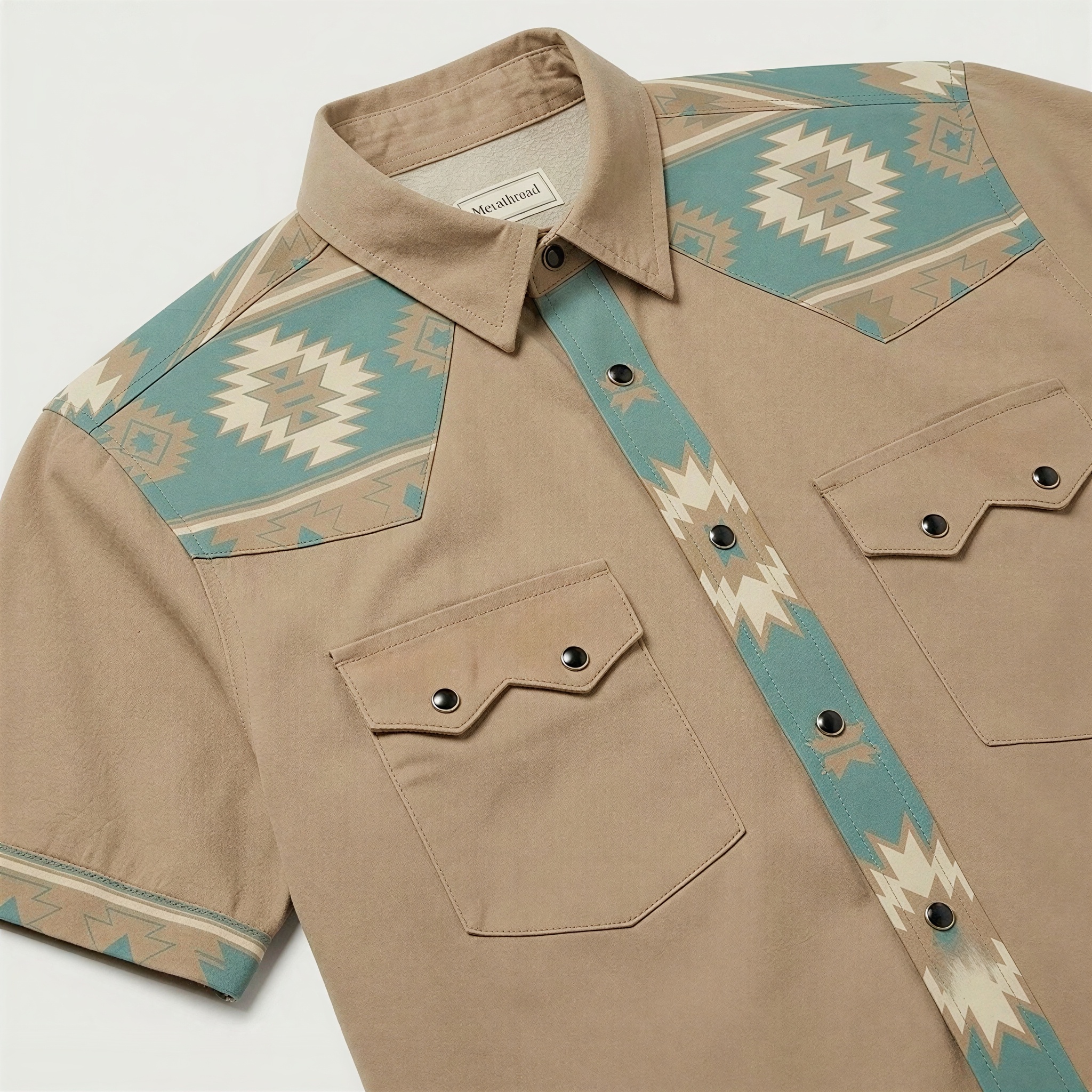 The Tan Turquoise Beacon | Mesathread Pro Contrast Panel Short-Sleeve Western Shirt