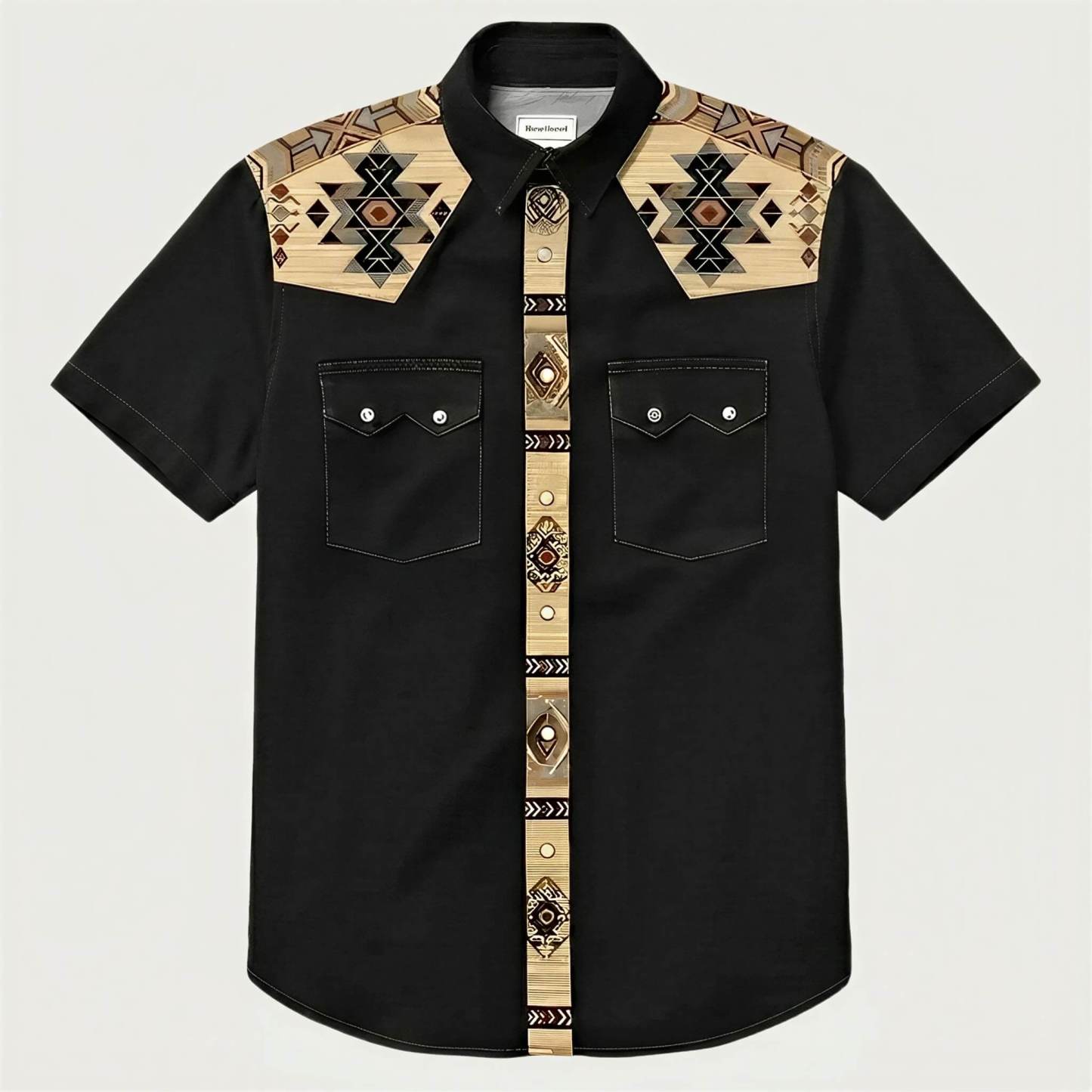 The Canyon Peak–Southwestern Patterned Yoke Short Sleeve Western Shirt-Black