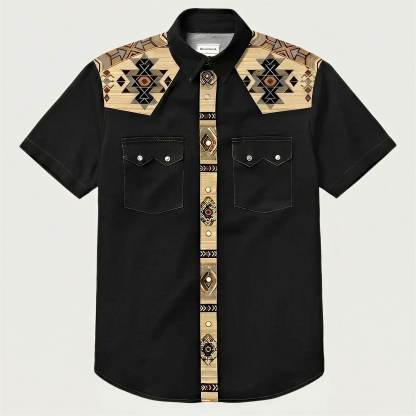 The Canyon Peak–Southwestern Patterned Yoke Short Sleeve Western Shirt-Black
