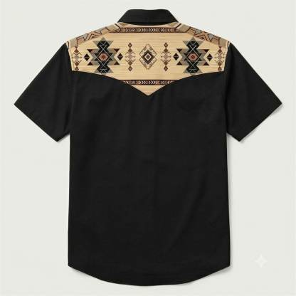 The Canyon Peak–Southwestern Patterned Yoke Short Sleeve Western Shirt-Black