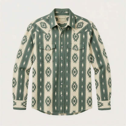 The Nomad Beacon | Mesathread Men's Navajo Sage Green & Cream Western Shirt with White Pearl Snaps