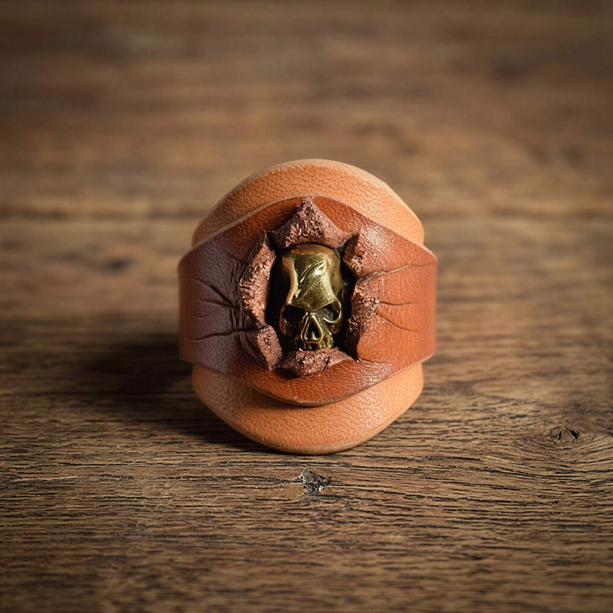 mesathread-antique-brass-skull-bursting-handcrafted-leather-wild-rag-slide-saddle-tan-front-view