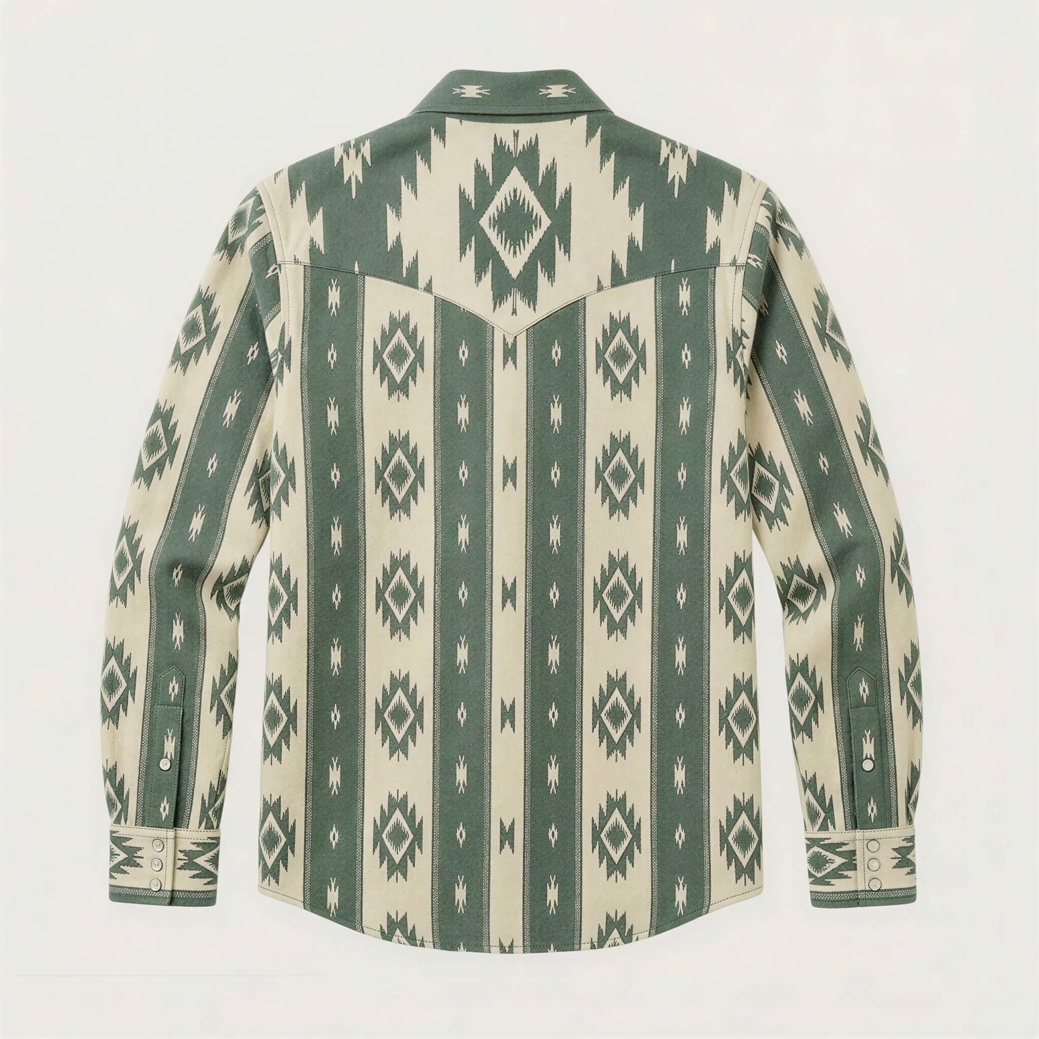 The Nomad Beacon | Mesathread Men's Navajo Sage Green & Cream Western Shirt with White Pearl Snaps
