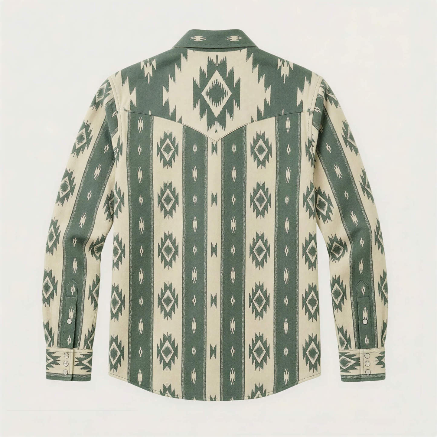 The Nomad Beacon | Mesathread Men's Navajo Sage Green & Cream Western Shirt with White Pearl Snaps