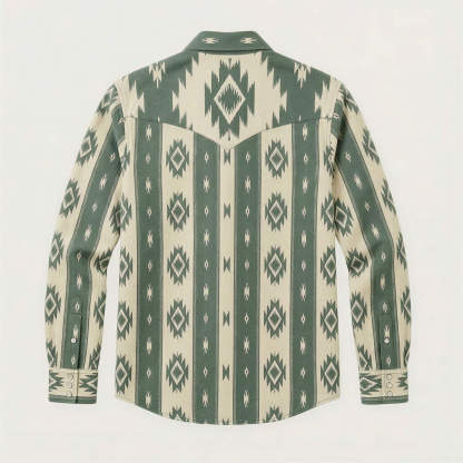 The Nomad Beacon | Mesathread Men's Navajo Sage Green & Cream Western Shirt with White Pearl Snaps
