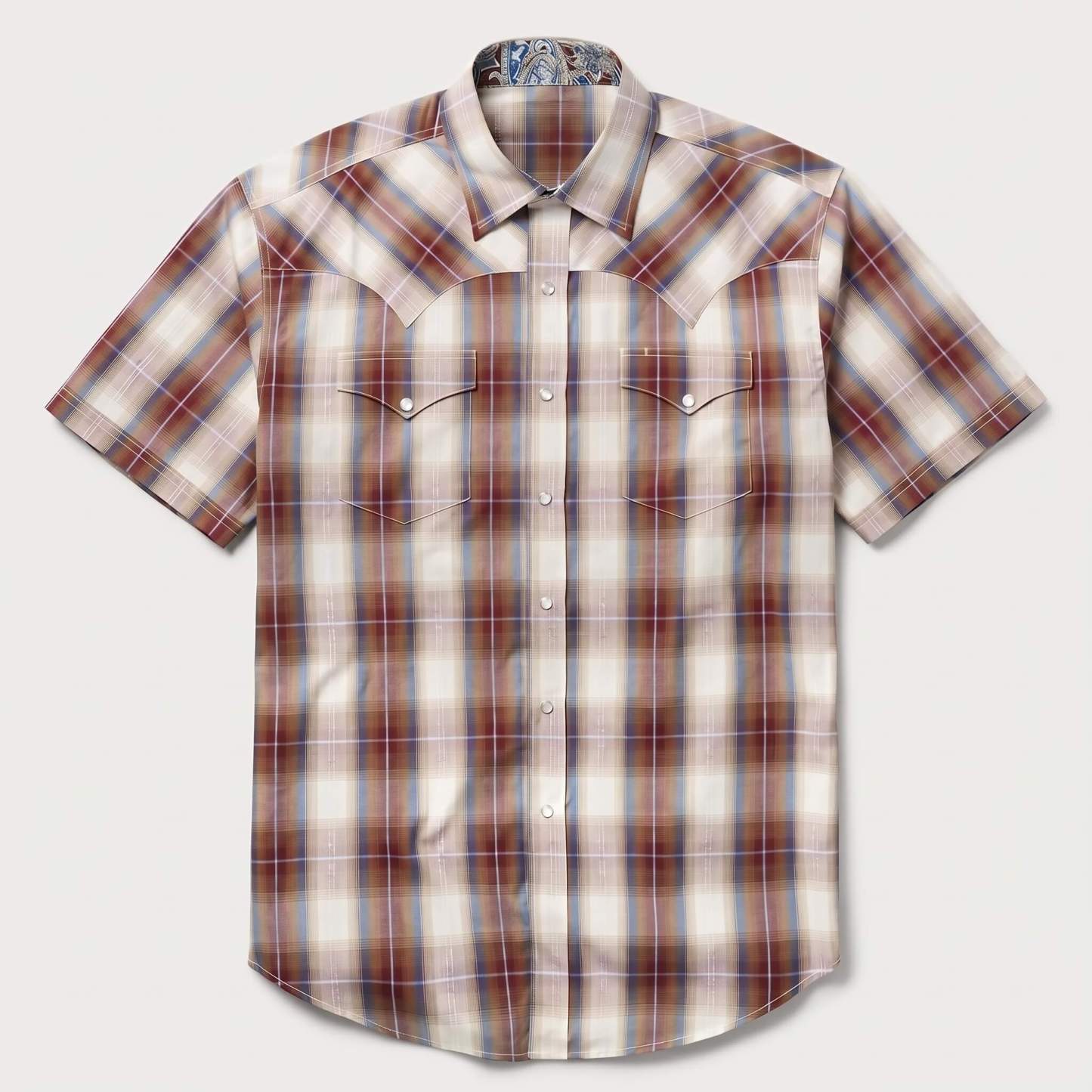 The Sunset Mesa | Ombre Plaid Bias-Cut Short Sleeve Western Shirt