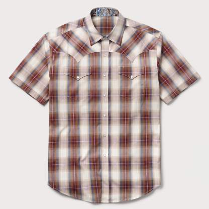The Sunset Mesa | Ombre Plaid Bias-Cut Short Sleeve Western Shirt