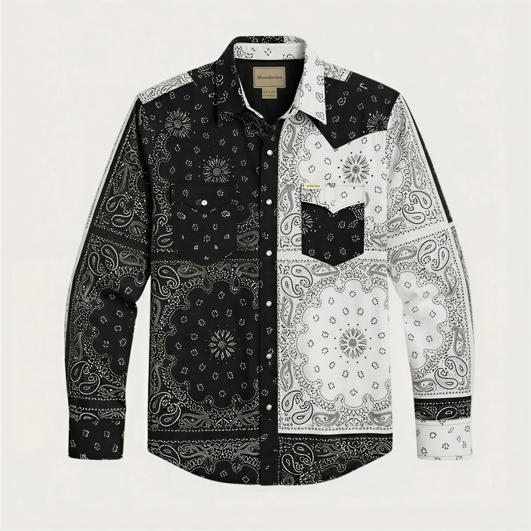 The Frontier Shift | Men's Black & White Bandana Patchwork Western Shirt with White Pearl Snaps