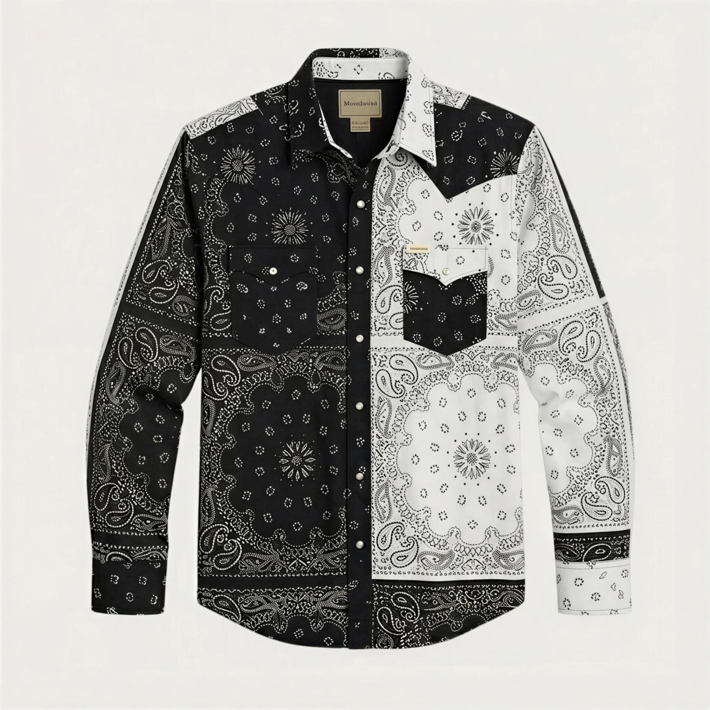 The Frontier Shift | Men's Black & White Bandana Patchwork Western Shirt with White Pearl Snaps