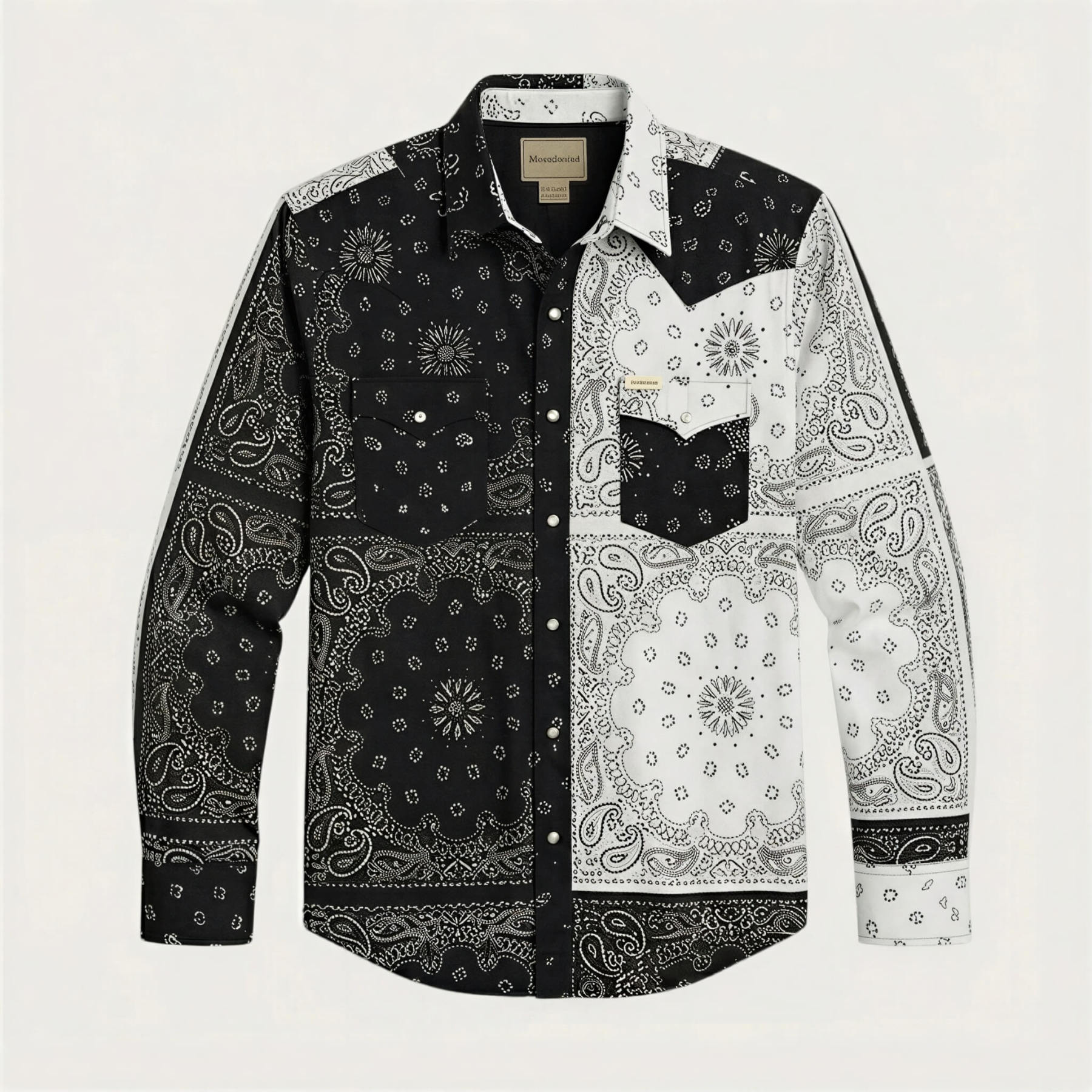 The Frontier Shift | Men's Black & White Bandana Patchwork Western Shirt with White Pearl Snaps