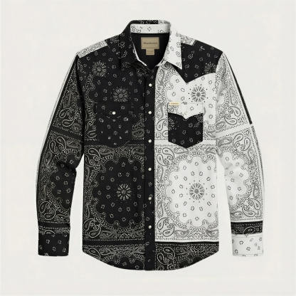 The Frontier Shift | Men's Black & White Bandana Patchwork Western Shirt with White Pearl Snaps