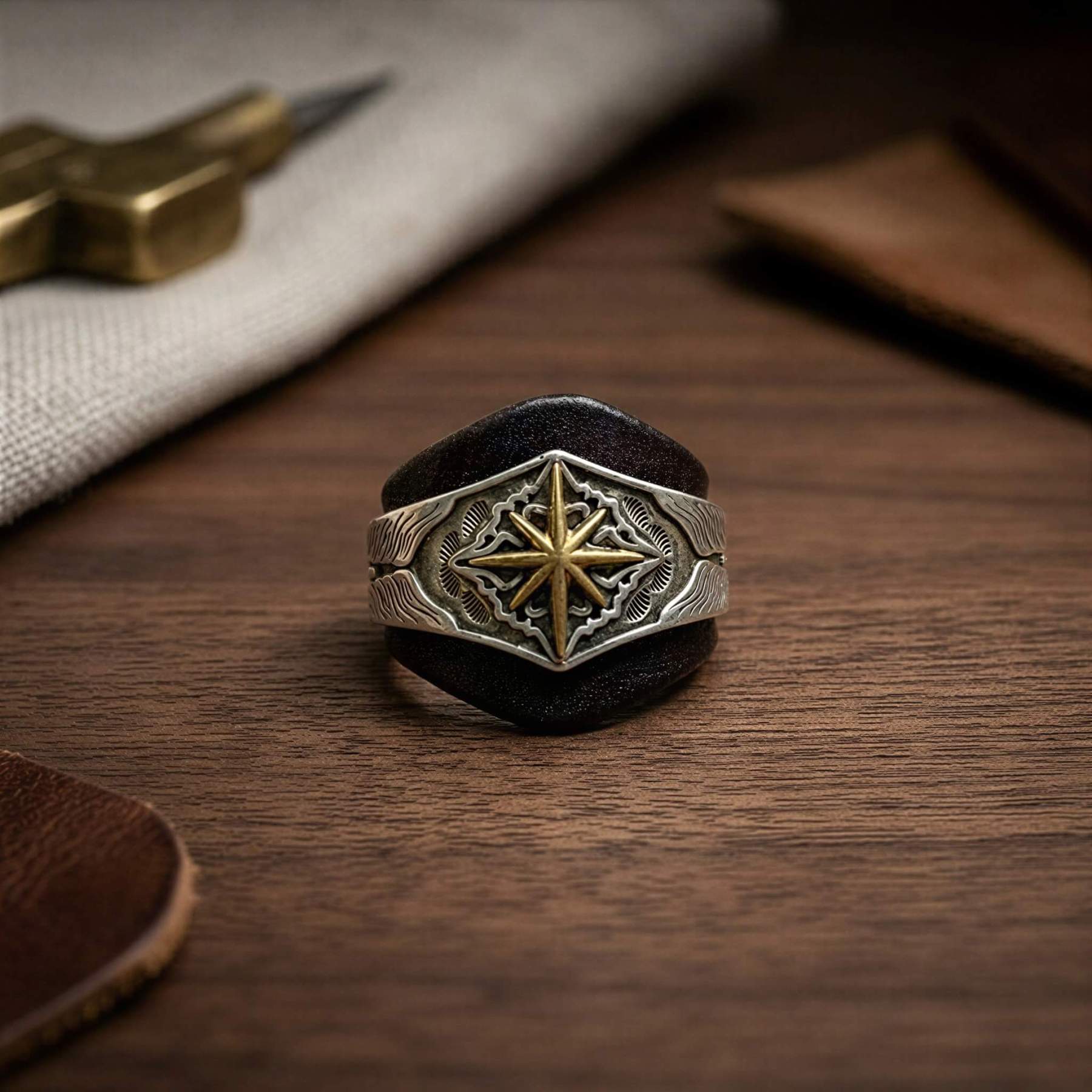 mesathread-two-tone-compass-rose-leather-wild-rag-slide-midnight-brown-front-view