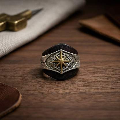 mesathread-two-tone-compass-rose-leather-wild-rag-slide-midnight-brown-front-view