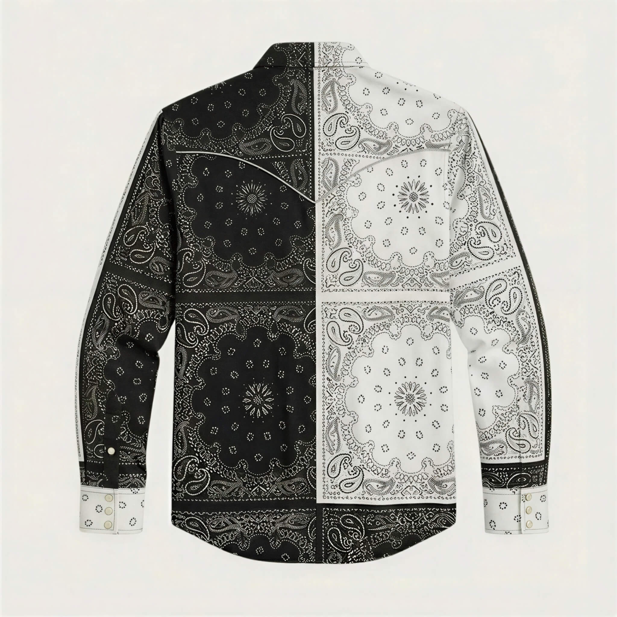 The Frontier Shift | Men's Black & White Bandana Patchwork Western Shirt with White Pearl Snaps