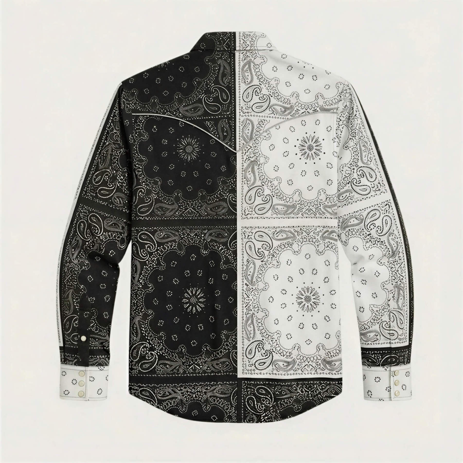 The Frontier Shift | Men's Black & White Bandana Patchwork Western Shirt with White Pearl Snaps