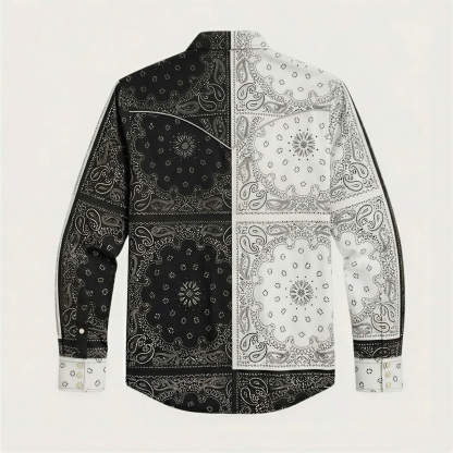 The Frontier Shift | Men's Black & White Bandana Patchwork Western Shirt with White Pearl Snaps