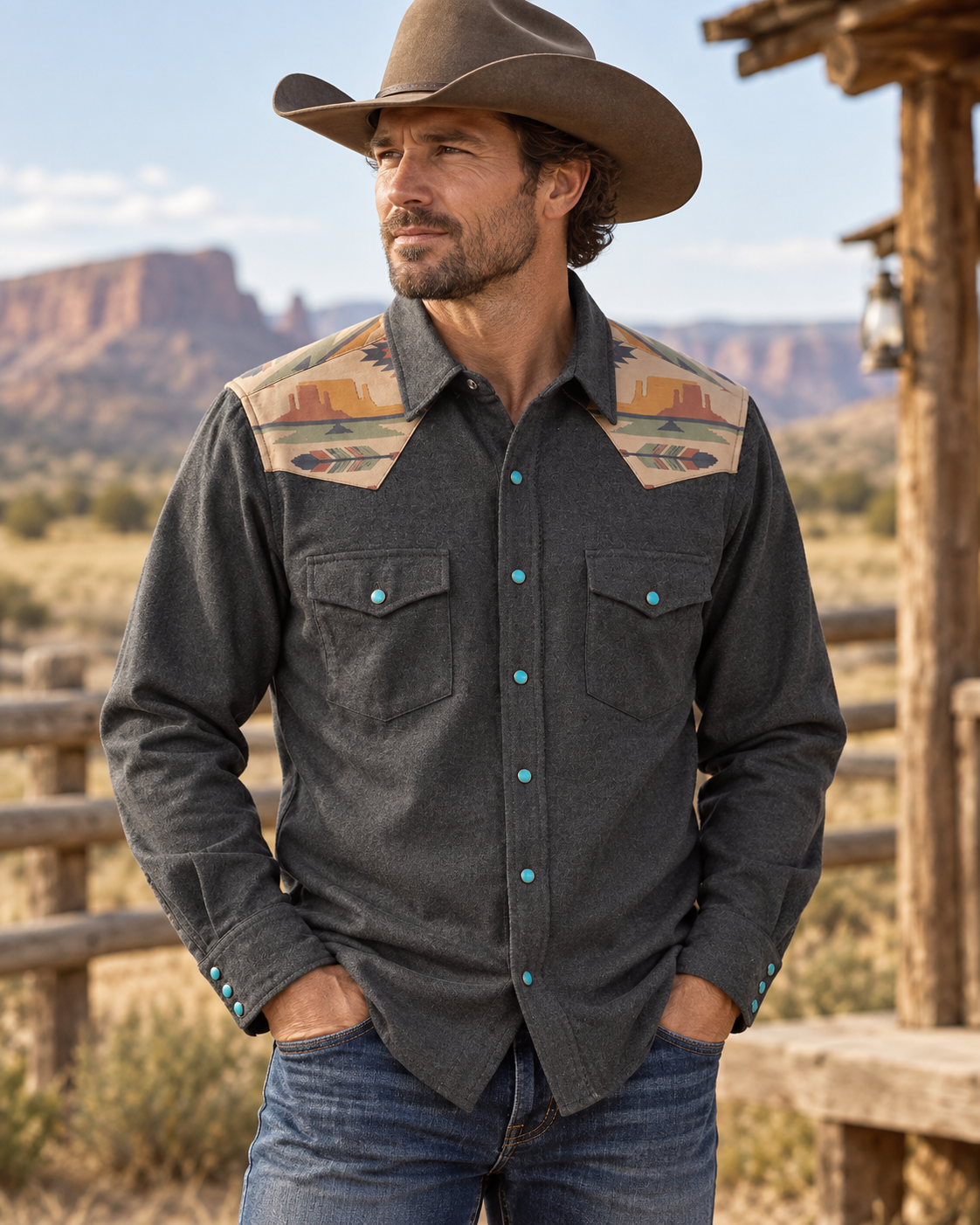 Mesathread Pro | Men's Desert Landscape Charcoal Gray Western Shirt with Turquoise Pearl Snaps