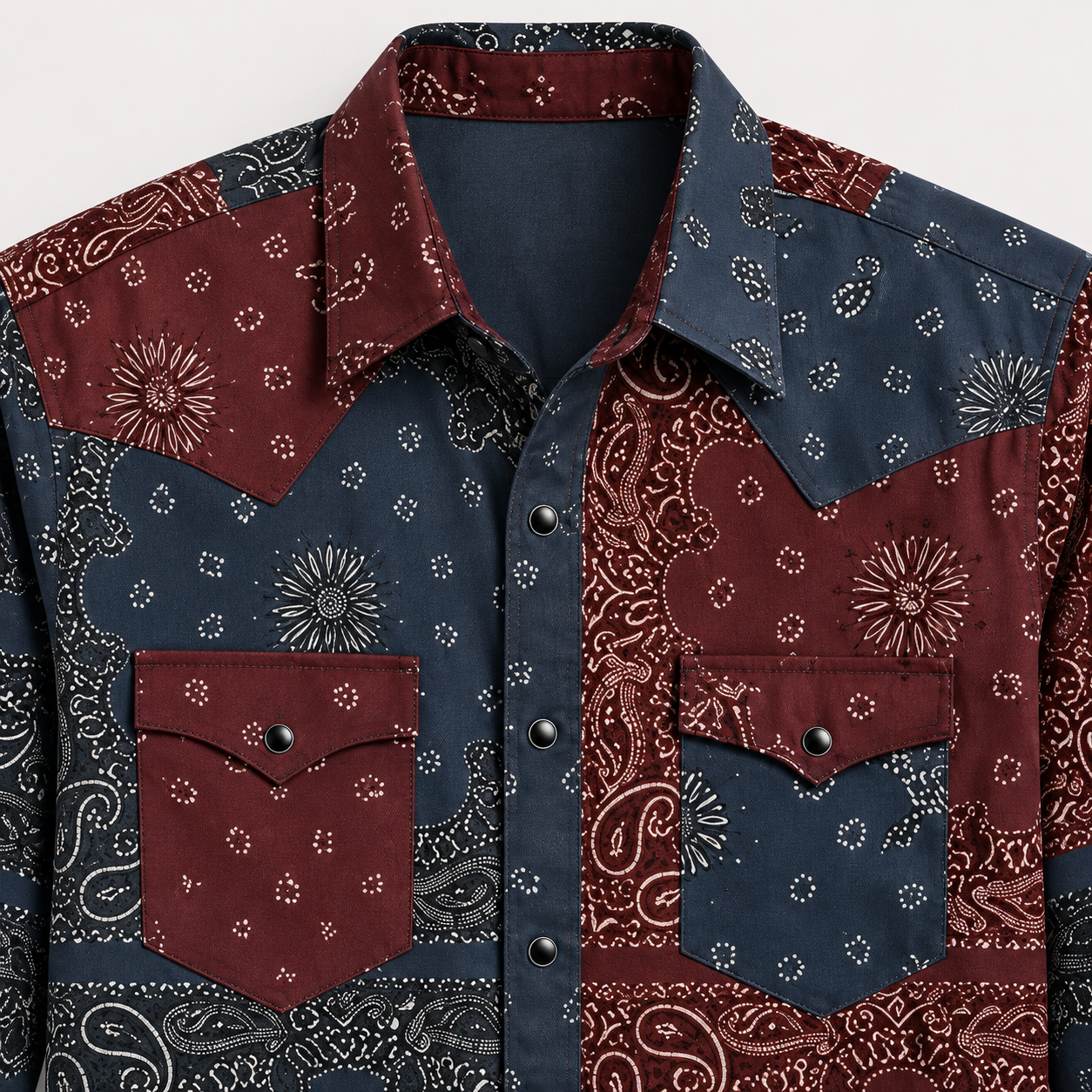 The Frontier Shift | Men's Navy & Burgundy Bandana Patchwork Western Shirt with Black Pearl Snaps