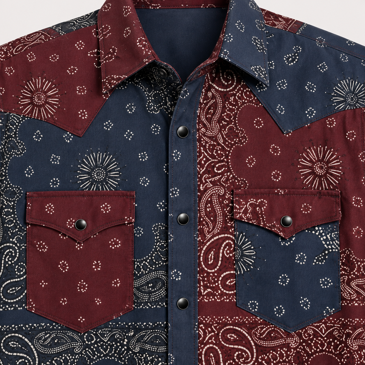 The Frontier Shift | Men's Navy & Burgundy Bandana Patchwork Western Shirt with Black Pearl Snaps