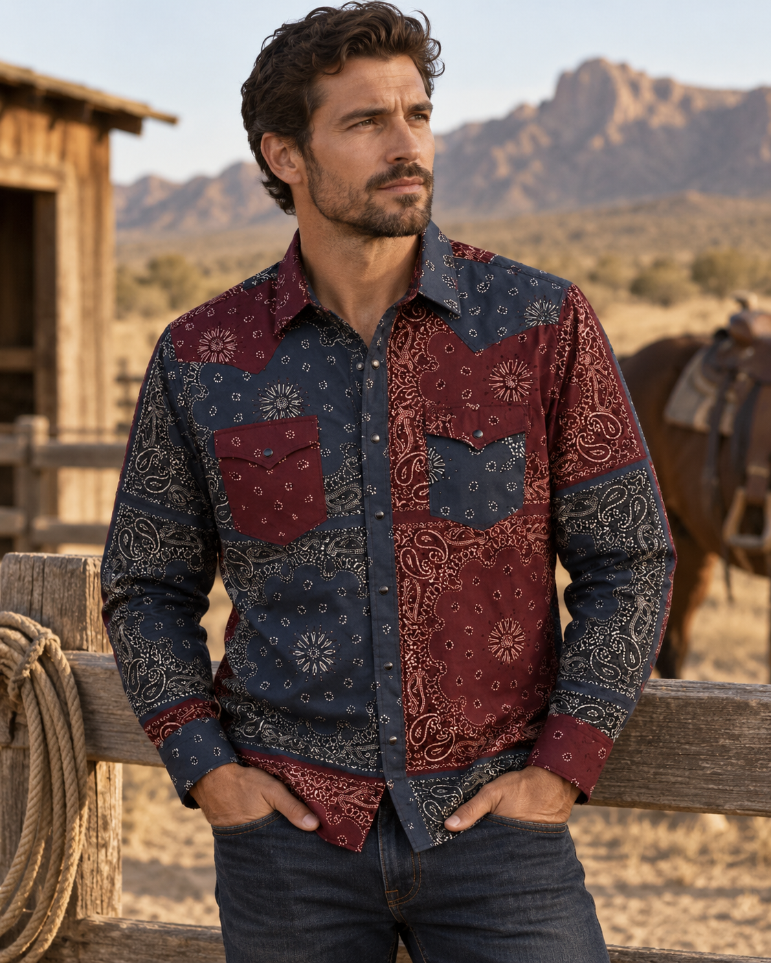 The Frontier Shift | Men's Navy & Burgundy Bandana Patchwork Western Shirt with Black Pearl Snaps