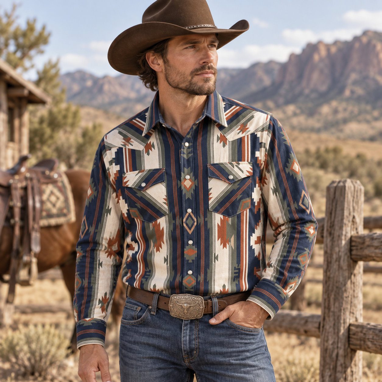 The Nightfall Mesa | Southwestern Geometric Stripe Western Shirt