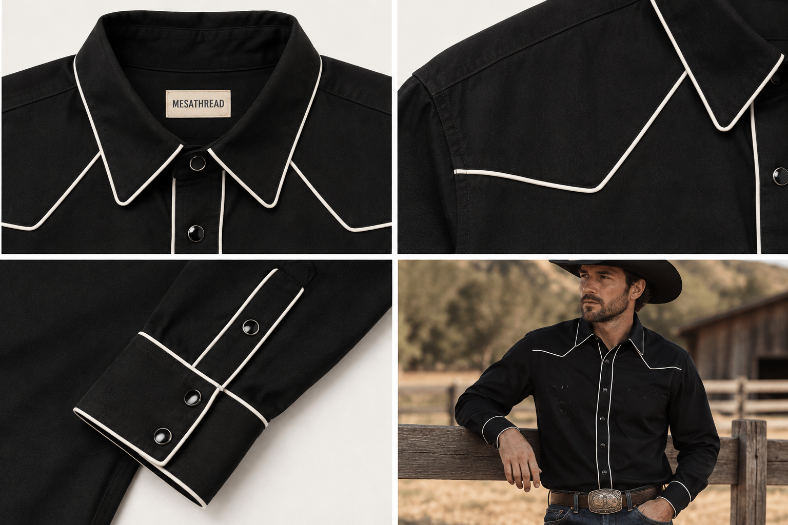 The Obsidian Blade | Black Contrast Piping Western Shirt