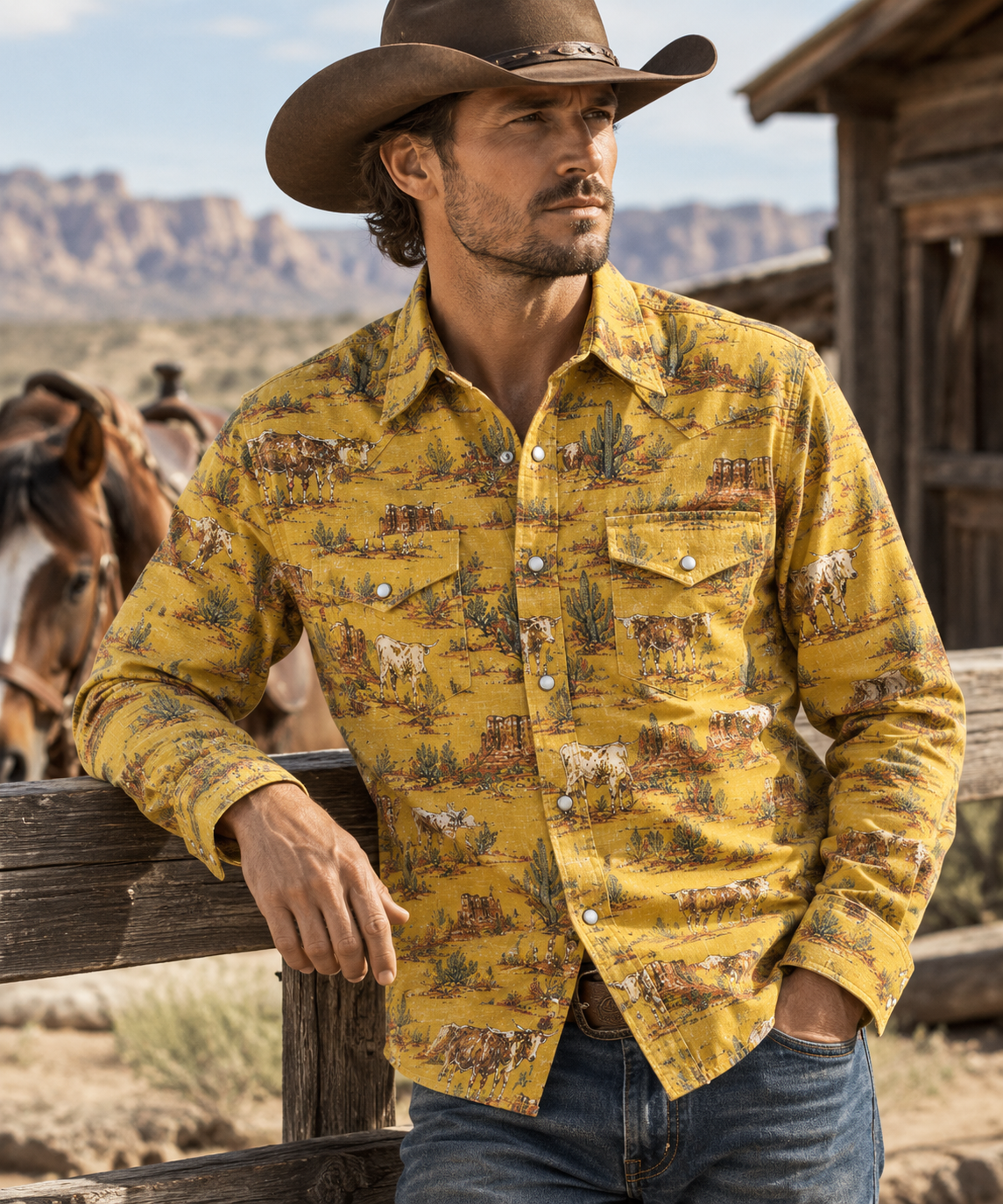 The Golden Longhorn | Vintage Illustrated Rodeo Western Shirt