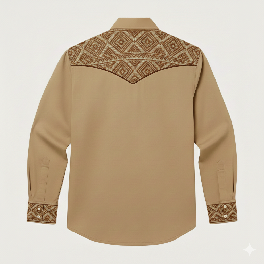 Aztec Totem Geometric Cotton Western Shirt - 4 Prints - Tan Beige