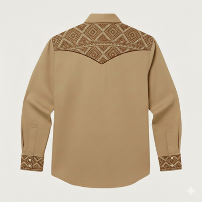 Aztec Totem Geometric Cotton Western Shirt - 4 Prints - Tan Beige