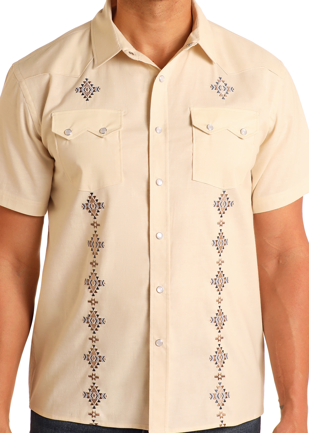 Modern Vintage Diamond Embroidered Short Sleeve Snap Shirt-MesaThread