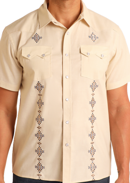 Modern Vintage Diamond Embroidered Short Sleeve Snap Shirt-MesaThread